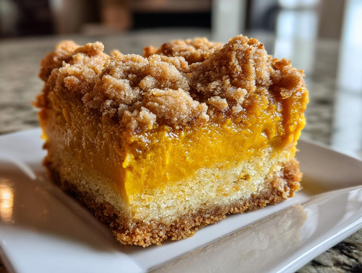 Close-up of a layered pumpkin crunch bar with a thick, bright orange pumpkin filling and crumbly streusel topping.