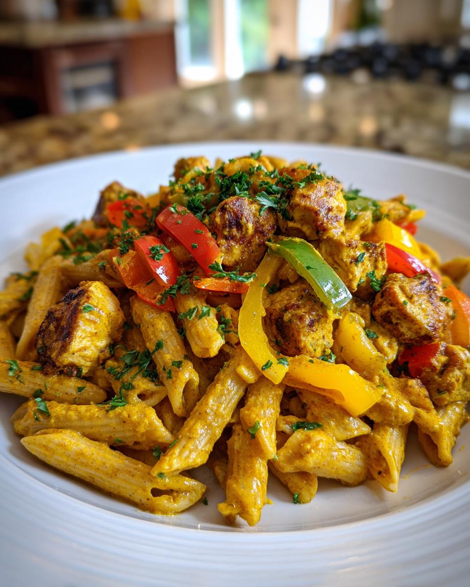Close-up of a plate of vibrant Rasta Pasta coated in a yellow curry sauce with chunks of seasoned chicken and bell peppers.