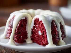 A rich, moist red velvet bundt cake cut in half, generously drizzled with thick white cream cheese glaze.