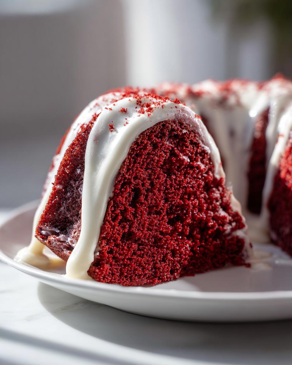 Close-up of a moist slice of red velvet bundt cake topped with thick white glaze and red crumbs.