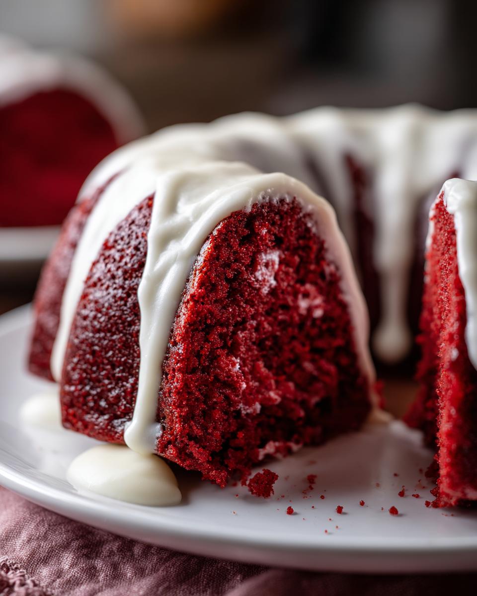 Close-up of a moist slice of red velvet bundt cake topped with dripping white cream cheese glaze.