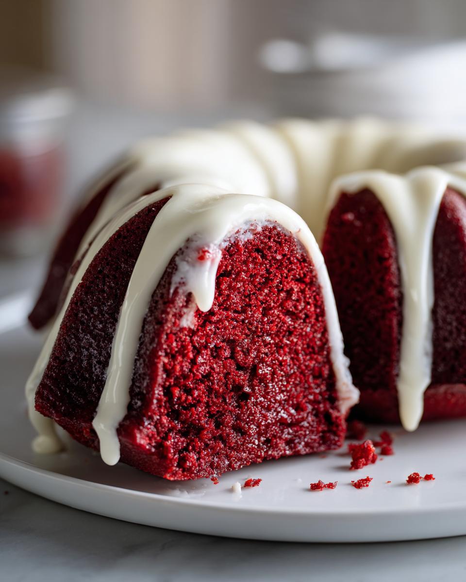 Close-up of a moist slice of red velvet bundt cake topped with thick white glaze.