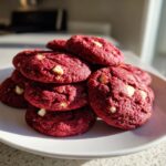 A stack of vibrant red velvet cake mix cookies studded with white chocolate chips on a white plate.