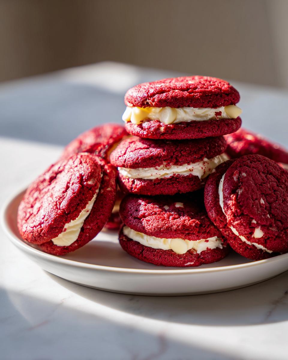 A stack of vibrant red velvet cake mix cookies sandwiched with thick white cream cheese frosting.