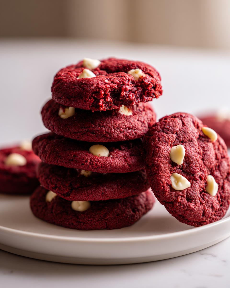 A stack of rich, deep red velvet cake mix cookies studded with white chocolate chips, resting on a white plate.