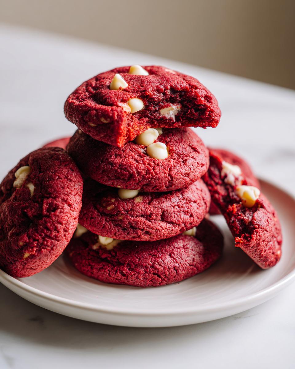 A stack of vibrant red velvet cake mix cookies studded with white chocolate chips, one cookie broken open.
