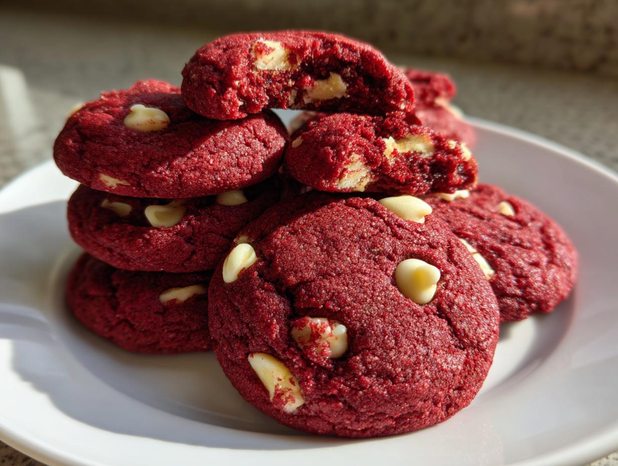 A stack of vibrant red velvet cake mix cookies studded with white chocolate chips on a white plate.