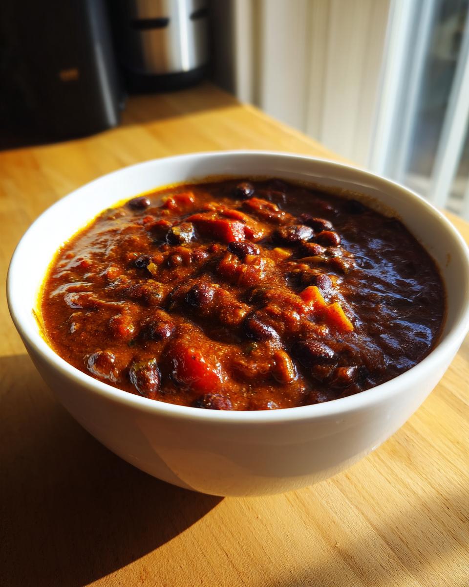 Close-up of a hearty bowl of rich, dark red black bean chili garnished with visible chunks of tomato.
