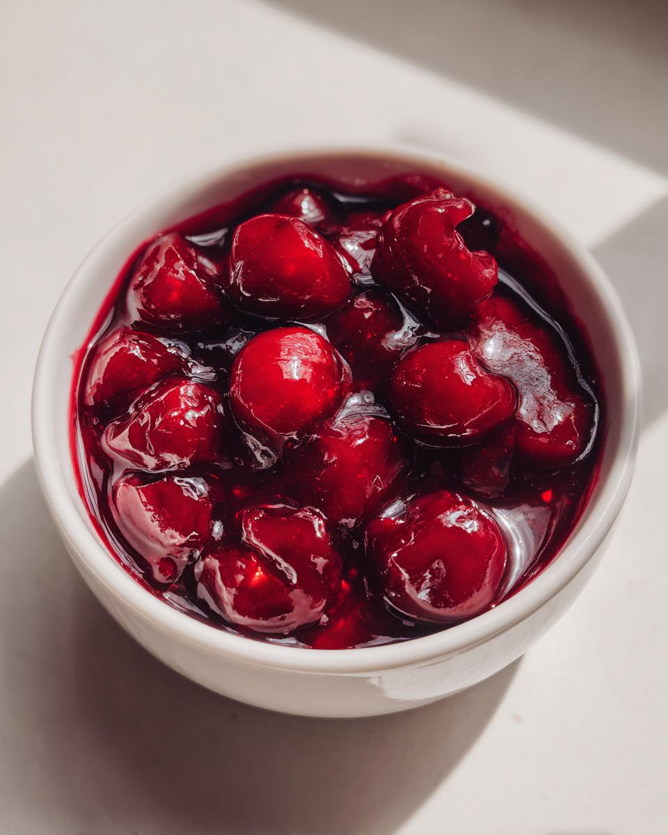 Close-up overhead shot of glistening, deep red cherry pie filling with whole cherries in a small white bowl.