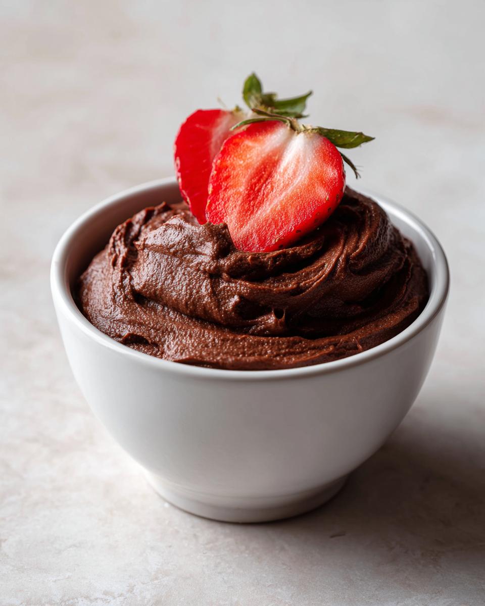A small white bowl filled with rich, dark chocolate dip, garnished with two halves of a fresh strawberry.