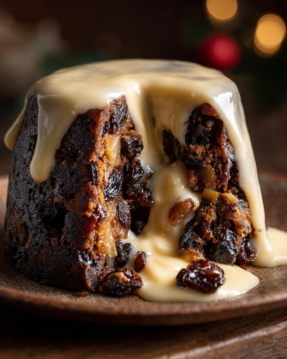 Close-up of a rich, dark plum pudding cut open, generously covered in creamy brandy sauce.