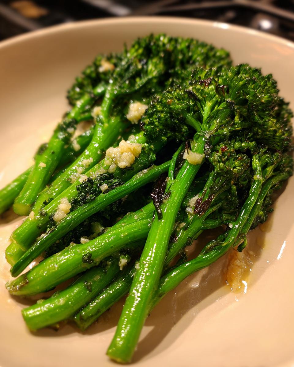 Close-up of bright green roasted broccolini topped with minced garlic, served in a light-colored bowl.
