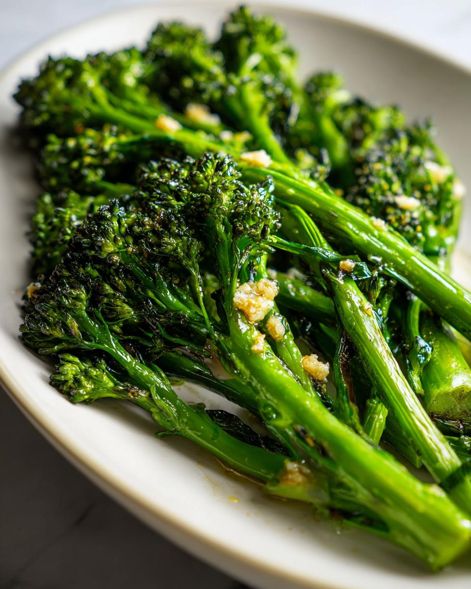 Close-up of vibrant green roasted broccolini tossed with minced garlic served on a light-colored plate.