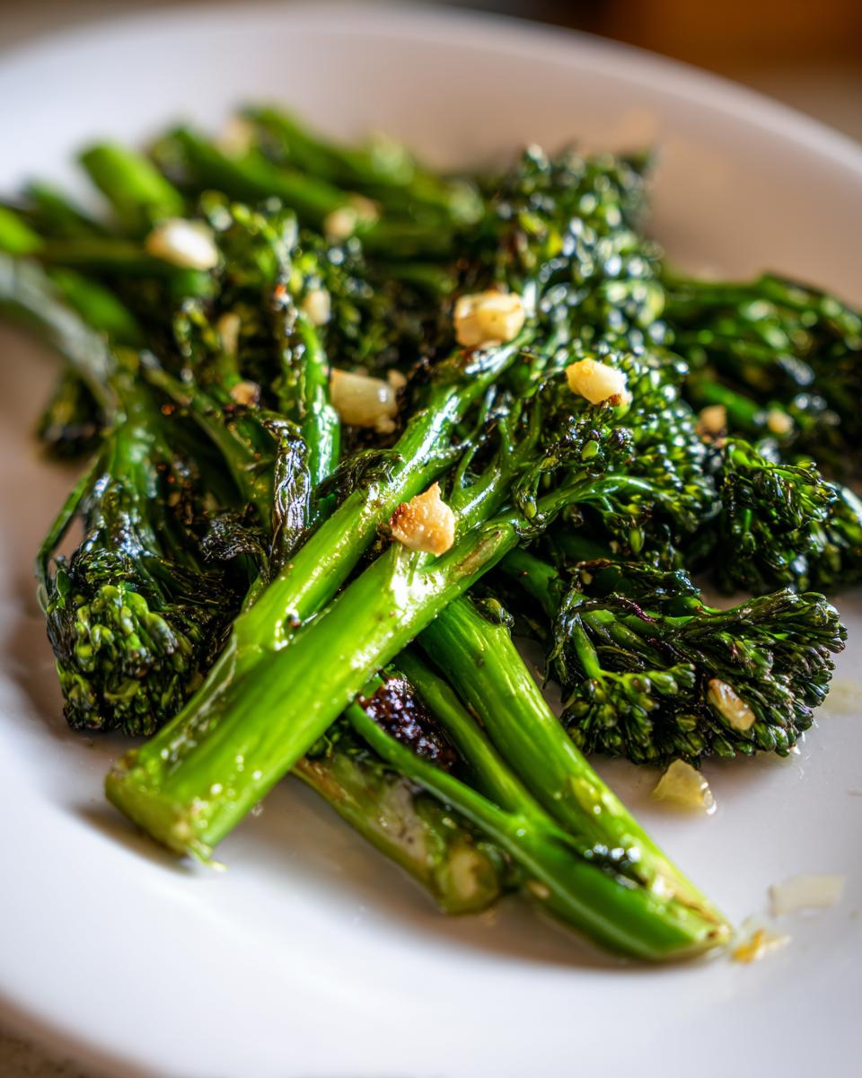 Close-up of bright green roasted broccolini tossed with visible pieces of toasted garlic on a white plate.