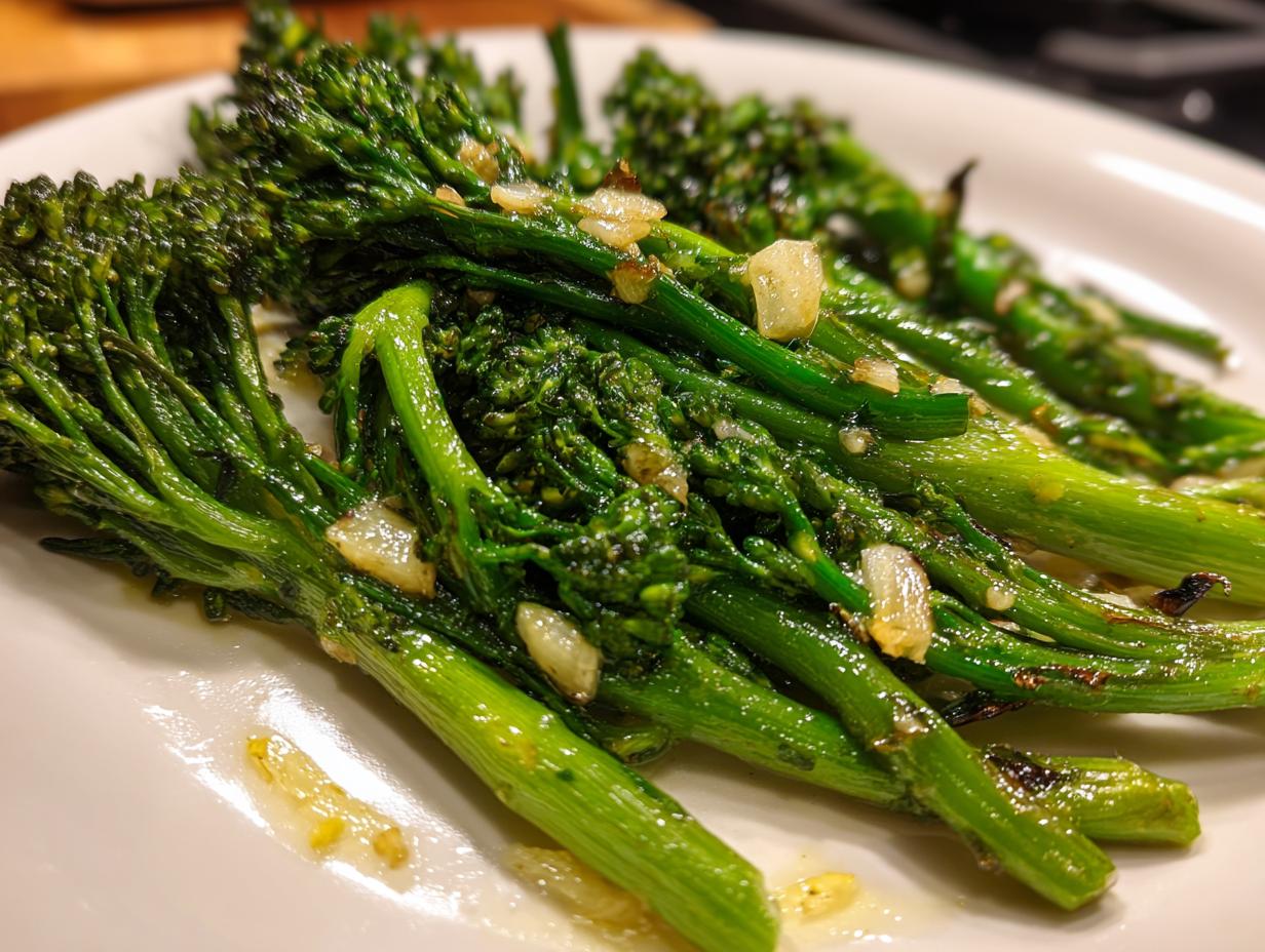Close-up of bright green, roasted broccolini stalks seasoned with visible pieces of sautéed garlic.
