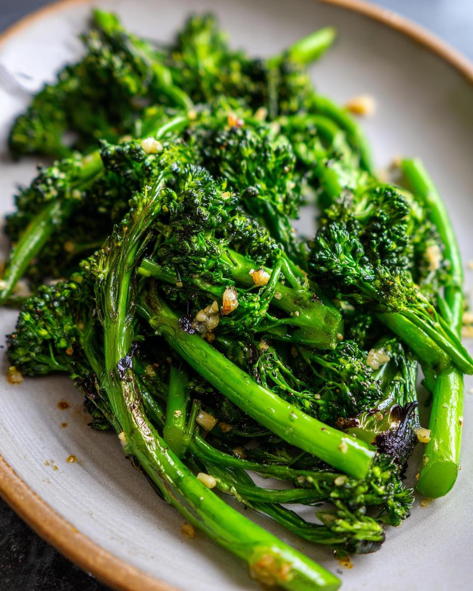 Close-up of bright green roasted broccolini tossed with minced garlic served on a light plate.