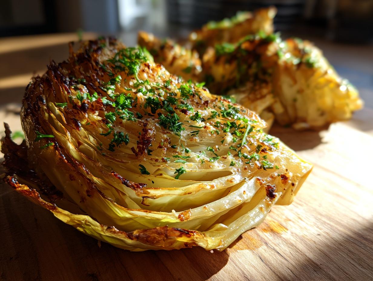 Close-up of a perfectly roasted cabbage recipe wedge, caramelized and topped with chopped fresh parsley.