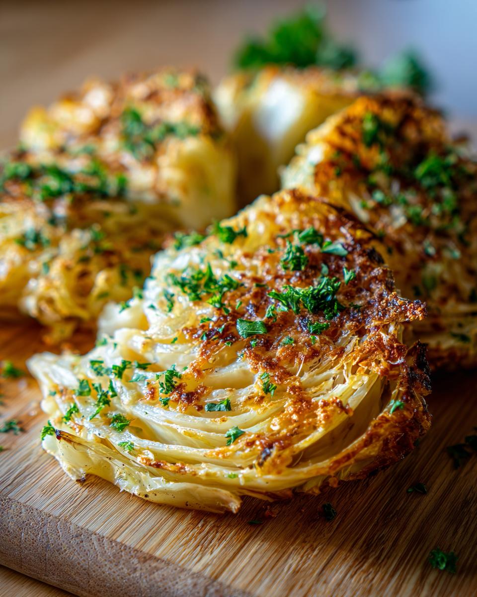 Close-up of roasted cabbage recipe wedges with a golden-brown crust and fresh parsley.