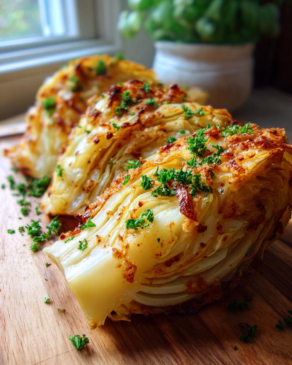 Three wedges of roasted cabbage recipe, golden brown and topped with herbs.