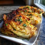Three wedges of roasted cabbage recipe, showing caramelized, crispy edges and fresh parsley garnish.