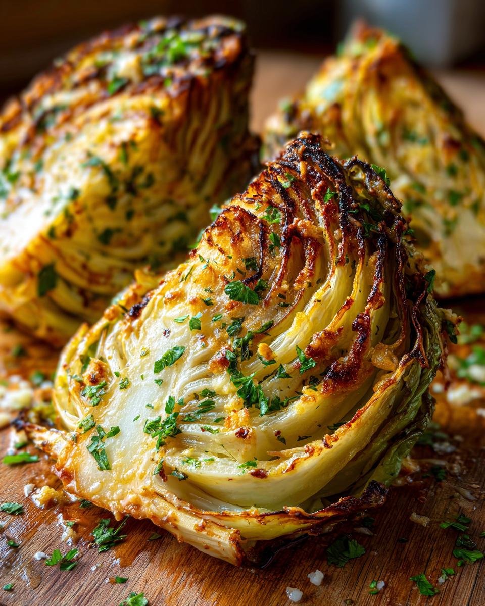 Close-up of roasted cabbage wedges, seasoned with herbs, showcasing caramelized edges from a delicious cabbage recipe.