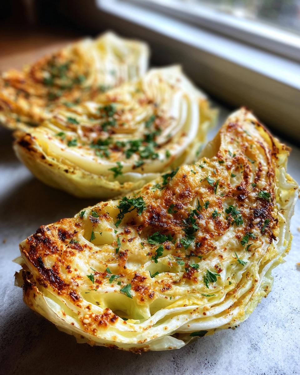 Close-up of two roasted cabbage wedges, topped with browned cheese and fresh parsley, a great low-calorie cabbage recipe.