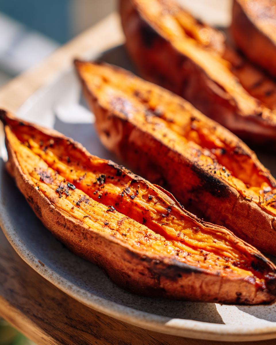 Close-up of roasted sweet potato halves, split open and slightly charred, ready to be used as sweet potato toast bases.