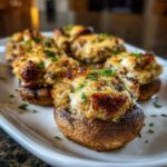 Close-up of baked sausage stuffed mushrooms topped with melted, browned cheese and fresh parsley garnish.