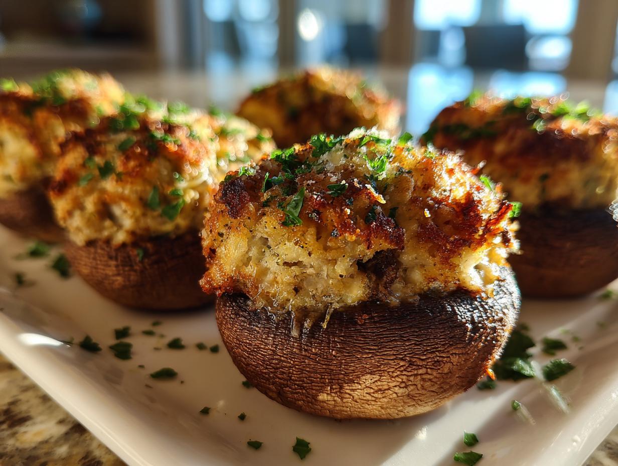 Close-up of golden brown sausage stuffed mushrooms topped with herbs on a white platter.