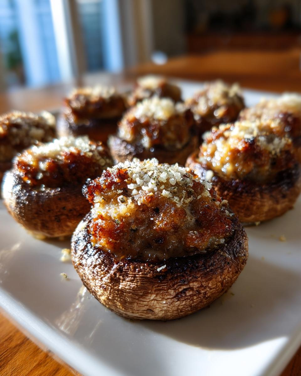 Close-up of several baked sausage stuffed mushrooms topped with grated cheese, ready to serve.