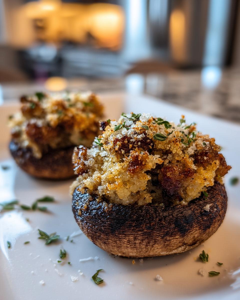 Two perfectly baked sausage stuffed mushrooms topped with golden breadcrumbs and fresh herbs on a white plate.