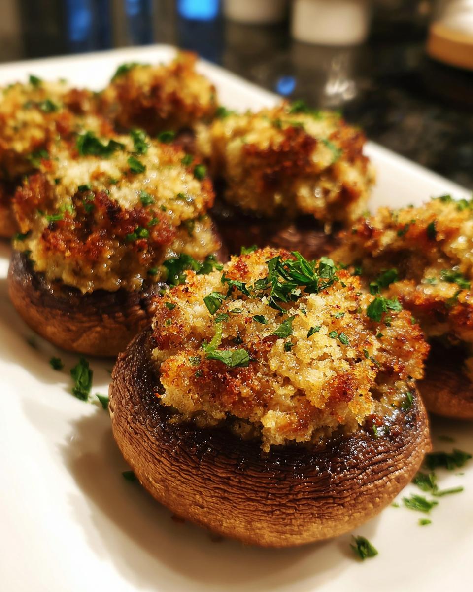 Close-up of baked sausage stuffed mushrooms with a golden, crispy breadcrumb topping and fresh parsley garnish.