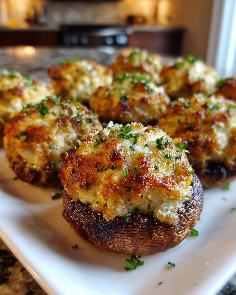 Close-up of freshly baked sausage stuffed mushrooms, topped with melted cheese and fresh parsley.