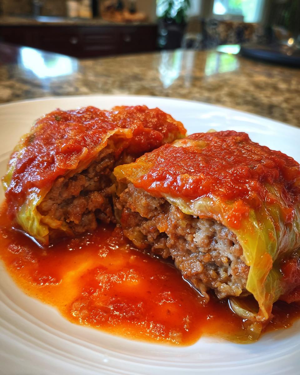Two halves of savory cabbage rolls, showing the ground meat filling, covered in rich tomato sauce.