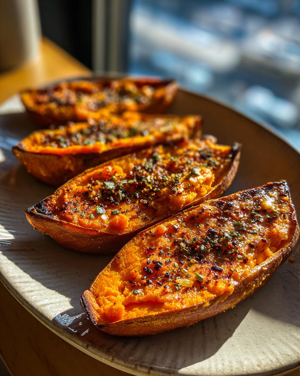 Four halves of baked sweet potato toast, topped with savory spices and herbs, resting on a plate.