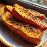 Three thick slices of bright orange sweet potato toast seasoned with dried herbs, resting on a light plate.