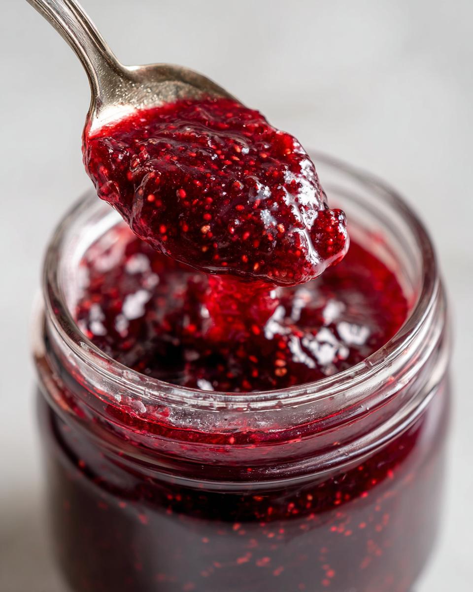 A spoonful of thick, vibrant red homemade raspberry jam being lifted from a glass jar.