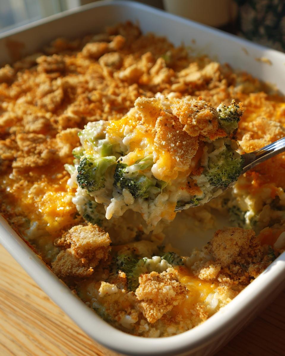 A spoonful of creamy broccoli rice casserole, topped with melted cheese and crunchy breadcrumbs, being lifted from a white baking dish.