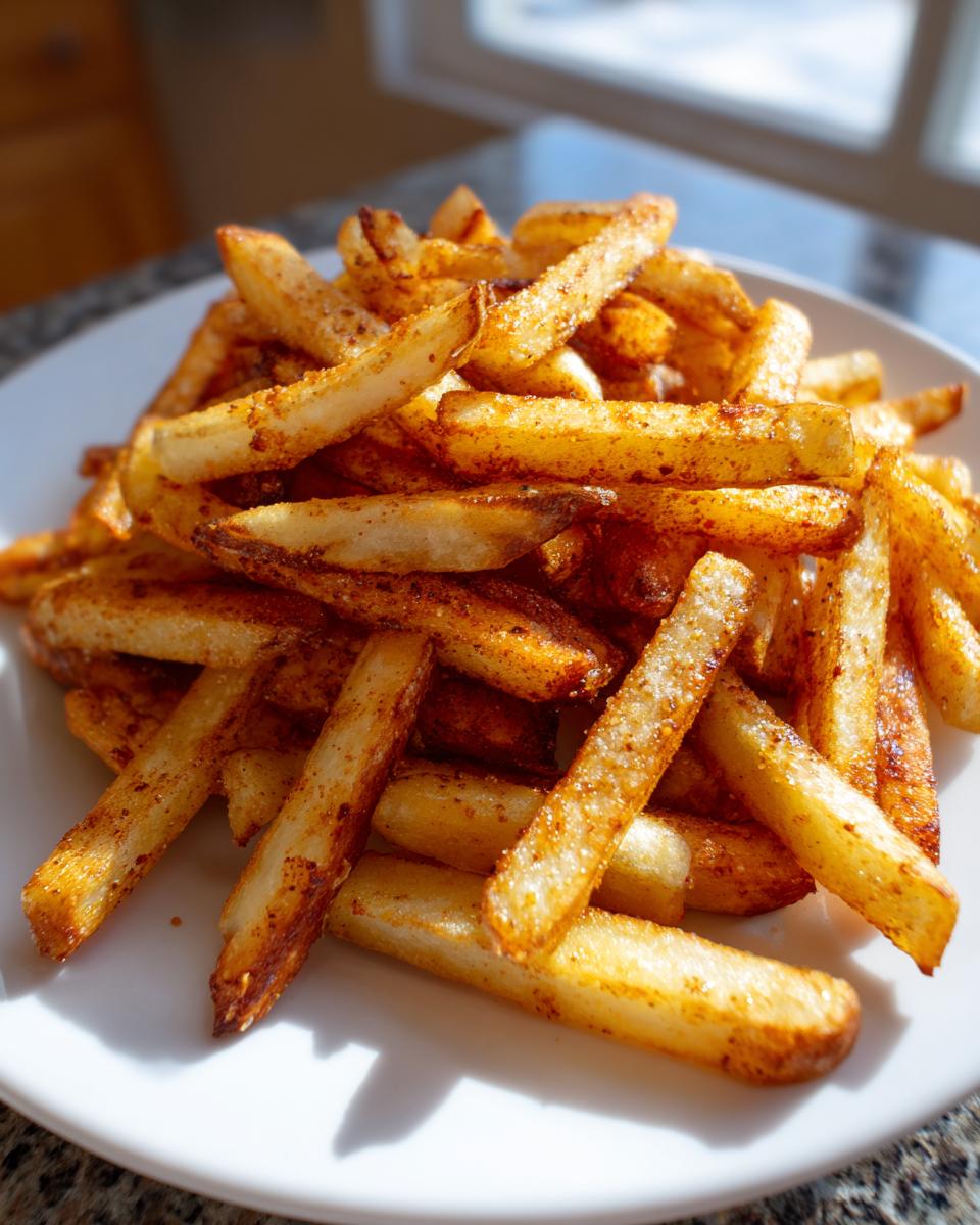 A close-up of a mound of golden brown, seasoned air fryer french fries piled high on a white plate.