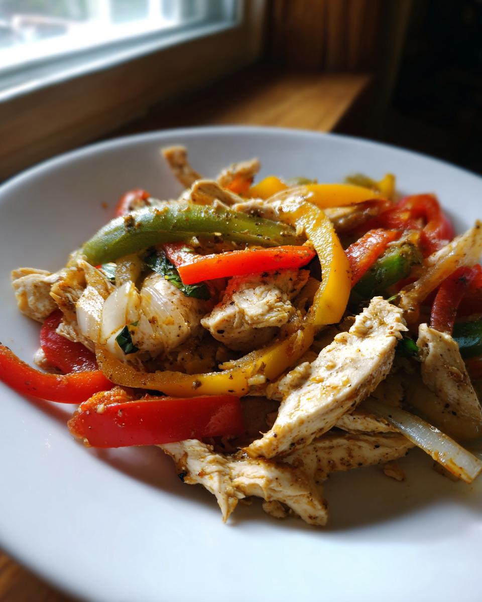 Close-up of seasoned chicken strips mixed with colorful bell peppers and onions for crockpot chicken fajitas.