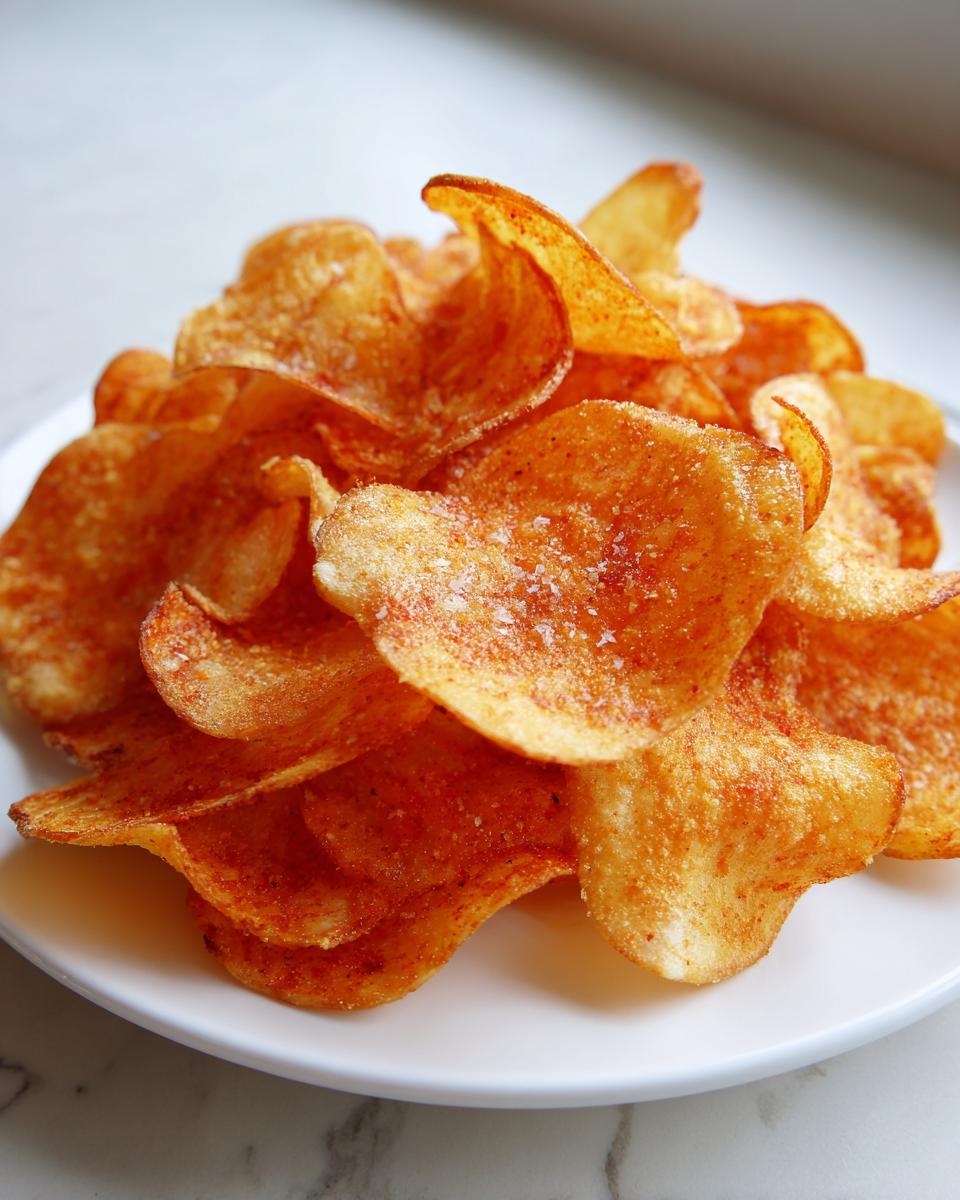 A close-up pile of crispy, golden-orange seasoned potato chips sprinkled with coarse salt.