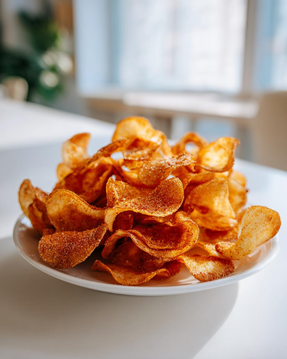 A close-up of a mound of crispy, seasoned homemade potato chips piled high on a small white plate.