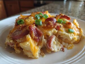 A close-up serving of creamy pierogi casserole topped with melted cheddar cheese, bacon pieces, and green onions.
