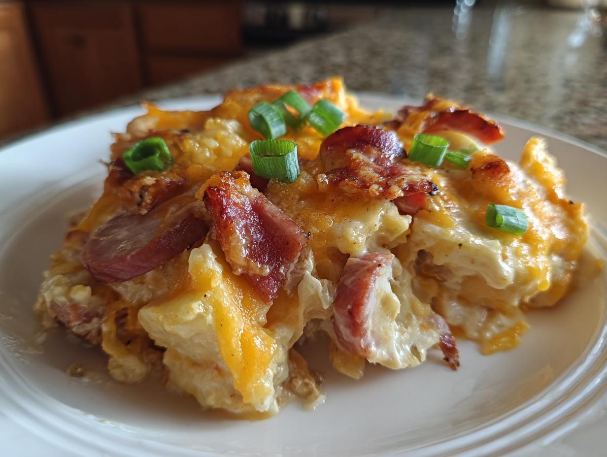 A close-up serving of creamy pierogi casserole topped with melted cheddar cheese, bacon pieces, and green onions.