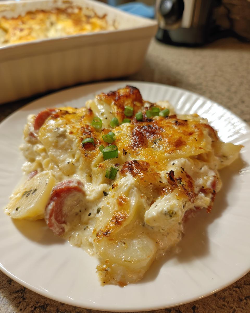 A close-up serving of creamy pierogi casserole with melted cheese topping and sliced sausage, garnished with green onions.