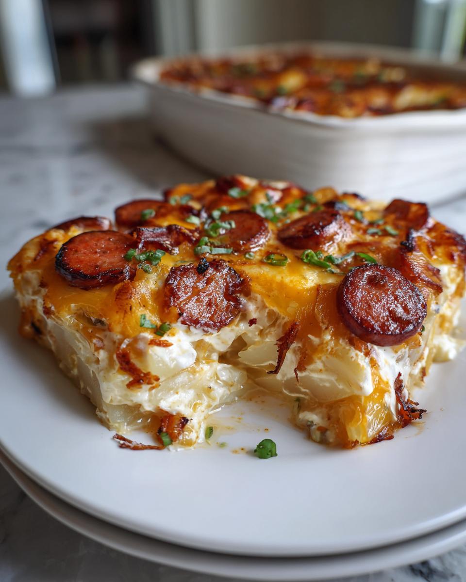 A close-up serving of pierogi casserole featuring layers of potatoes, creamy sauce, melted cheddar, and browned sausage slices.