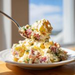 A spoonful of creamy red potato salad, featuring chunks of red potato and fresh herbs, lifted above a white plate.