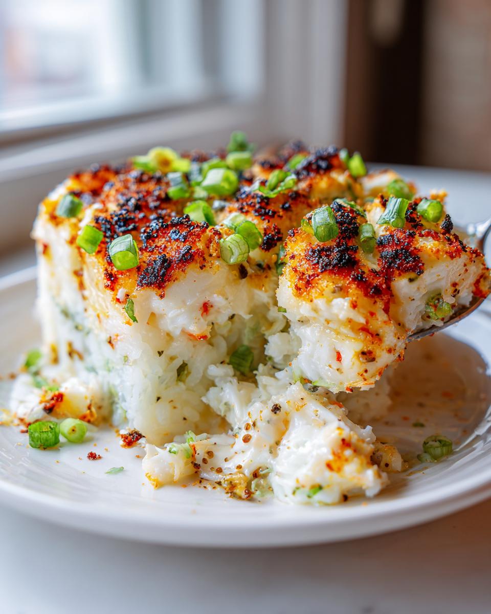 A spoonful of creamy, baked sushi bake being lifted from a square portion on a white plate, topped with crispy brown seasoning and green onions.