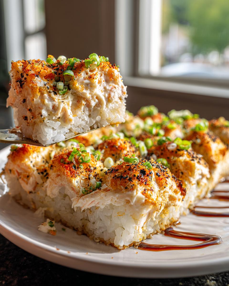 A spatula lifts a square portion of baked, creamy sushi bake topped with furikake and green onions.