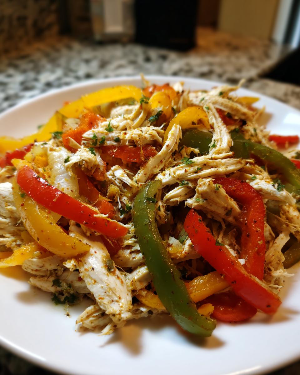 Close-up of shredded chicken mixed with colorful bell pepper strips (red, yellow, green) seasoned for crockpot chicken fajitas.